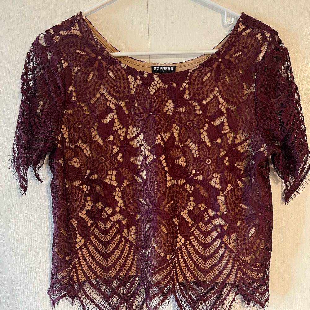 Express Burgundy Floral Lace Crop Top